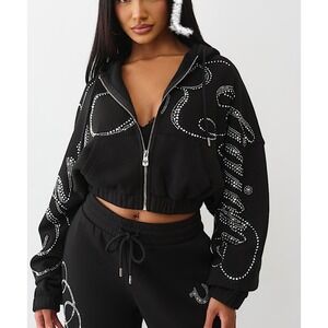 True Religion Crystal Zip Up Hoodie Jet Black XL NWT MSRP $144